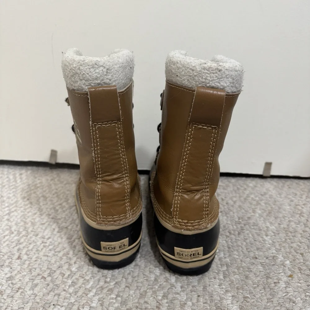 Sorel Caribou Brown Black Leather Lace Up Mid Calf Snow Boots Women's Size US 5